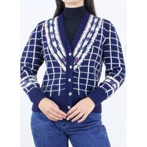 Vintage 90's Lands End 100% wool‎ cardigan floral print grannycore, preppy Small